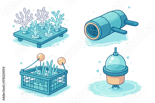 Underwater research equipment collection for ocean conservation projects, including sensors and coral platforms