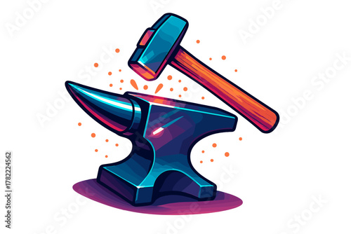 Stylized heavy metal anvil and hammer striking the surface creating glowing sparks