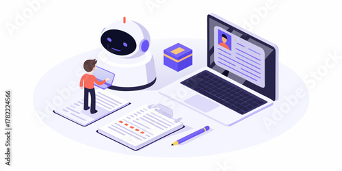 Man interacting with a robot and laptop for data analysis and research