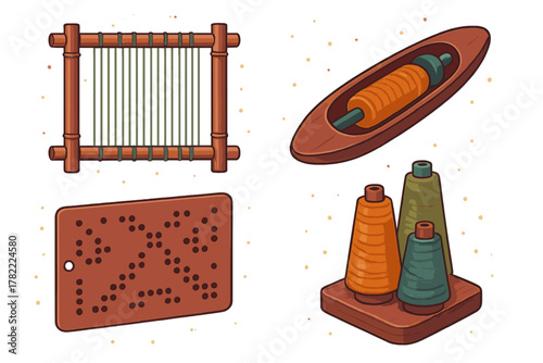 Historical textile production and data storage items: loom, shuttle, and punch card