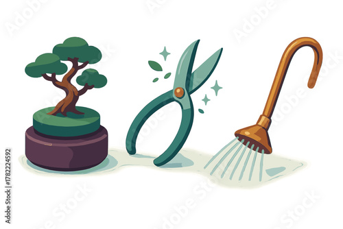 Miniature potted bonsai tree, sharp pruning clippers, and watering can spout