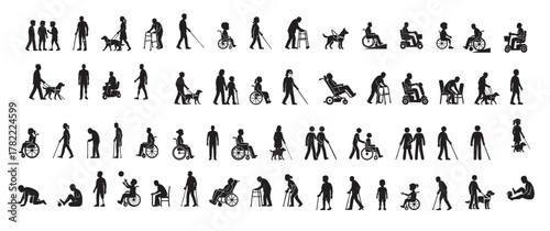 Set of black silhouettes of people with disabilities on white background. concept of accessibility, inclusion, diversity, wheelchair, cane, guide dog, community, isolated icons.