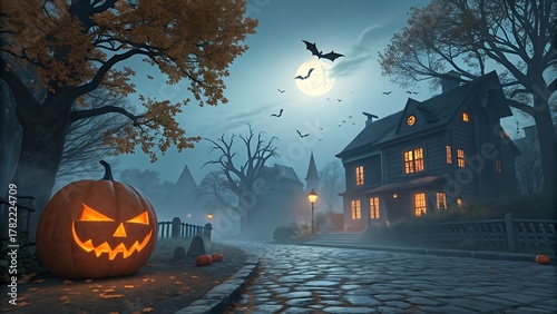 Spooky Halloween Street with Glowing Jack O’Lantern and Full Moon