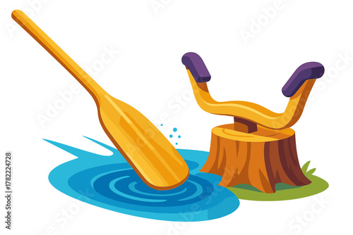 Wooden paddle dipping into blue water next to a tree stump holding a kayak seat support