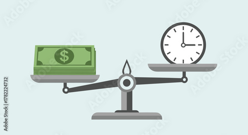 Balancing financial gain against precious time, this visual concept captures the ultimate business dilemma for strategic decision-making