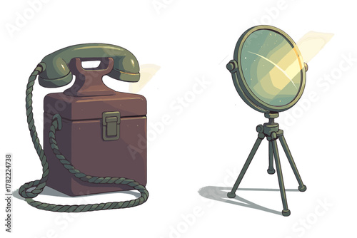Vintage telephone and reflective mirror on a tripod stand isolated on white background
