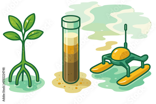 Mangrove sapling, sediment core sample, and autonomous aquatic research drone set