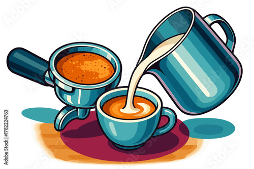 Barista preparing coffee with portafilter and pitcher pouring milk into a beverage cup