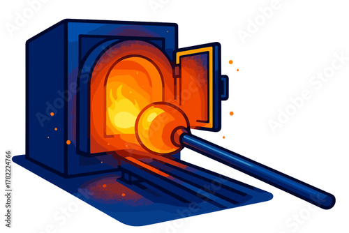 Glassblowing furnace with open door and hot molten glass bubble on a blowpipe ready for shaping