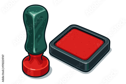 Vintage rubber stamp with green handle and red base next to a square red ink pad