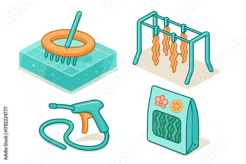 Isometric icons set featuring cleaning brush, drying rack, spray nozzle, and product bag