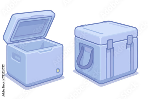 Portable insulated cooler box shown in two views, one open and one fully closed