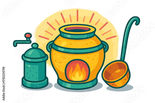 Traditional cooking pot furnace with a dispenser and large serving ladle in bright colors