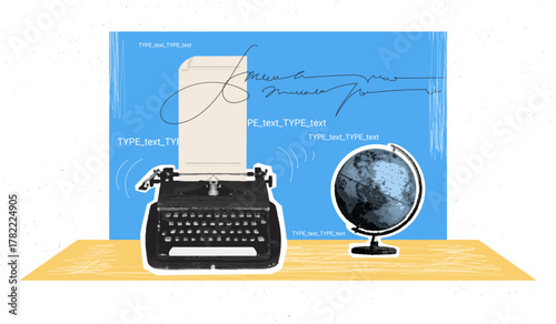 Typewriter halftone collage. Writer journalist work, vintage literature paper news retro keyboard office machine desk social media blog press concept, exact vector illustration