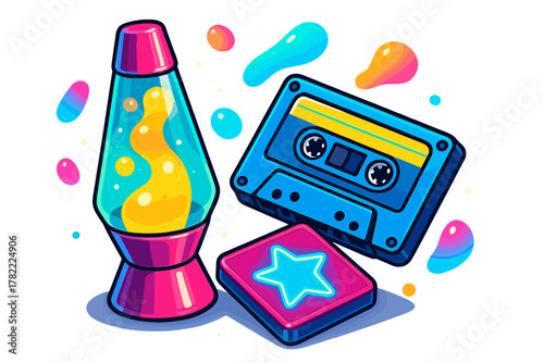 Bright neon lava lamp and blue audio cassette tape with glowing star icon