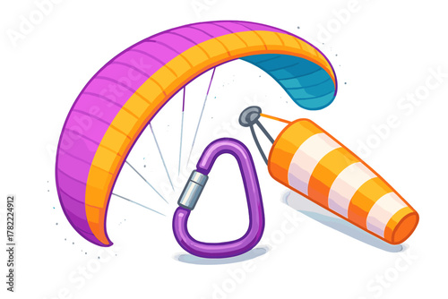 Colorful paragliding equipment set with safety carabiner and striped windsock