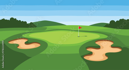 Vibrant green golf course fairway with sand traps and a red flag on the putting green under a clear blue sky