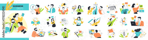 Business office work concept. Corporate job team, manager success career company workflow professional line icon people computer businessman leadership classy vector illustration