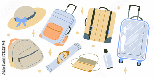 Collection of travel essentials including suitcases backpack hat toiletries and handbag on a white background with sparkling accents