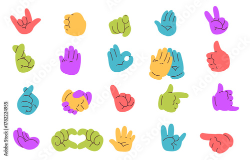 Color hands gestures. Cartoon hand showing finger gesture, crossed fingers thumb up ok v sign peace heart stop hello symbol, arm palm sticker emoji set classy vector illustration