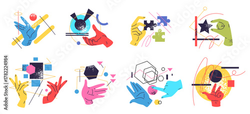 Hands abstract things. Human hand hold different objects shape, puzzle jigsaw pieces science research business teamwork concept creative combine figure, classy vector illustration