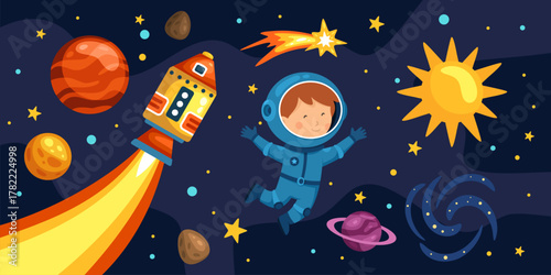 Children outer space. Kids astronauts exploring galaxy planets, little astronaut cosmic rocket in star sky universe, cartoon kid cosmonaut in spacesuit kicky vector illustration