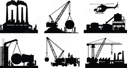 PrintIndustrial construction silhouette vector set, factory crane helicopter illustration, heavy machinery infrastructure design, energy production system, engineering development flat vector