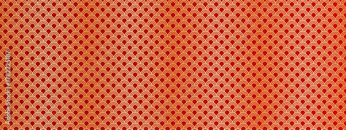 Chinese golden pattern. Japan tradition wave seamless texture, realistic gold cloud lines red background abstract scale asian motive wall wrap paper new year vector illustration