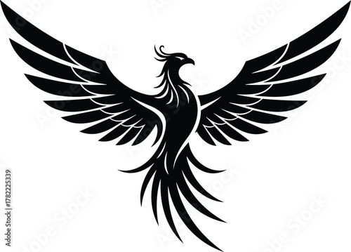 Phoenix silhouette, legendary firebird, rebirth symbol, symmetrical wings, fantasy creature, decorative tattoo design, mythical bird, powerful motion pose, flat vector
