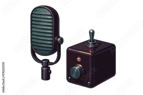 Classic vintage microphone and old-fashioned control box with toggle switch and rotary knob