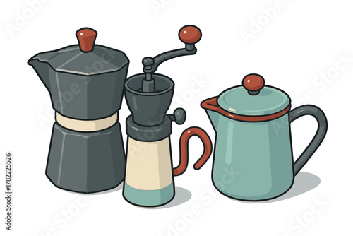 Retro style coffee preparation equipment set including Moka pot manual grinder and kettle