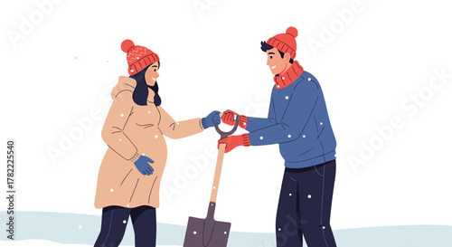 Husband taking shovel from pregnant wife to prevent overexertion, ideal for maternity health and support resources
