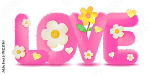 Fuzzy Pink LOVE Word Art with Cute Flowers and Hearts