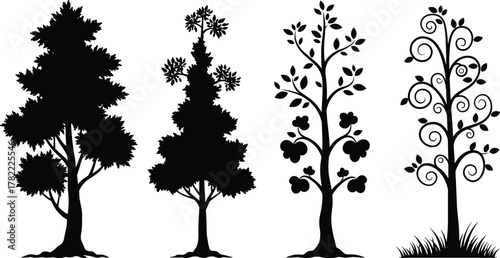 Stylized tree silhouettes, decorative foliage icons, fantasy and natural tree shapes, black botanical design set, creative woodland illustration, landscape elements, flat vector