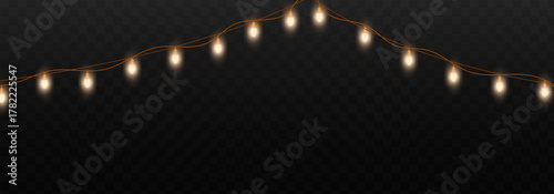 Realistic electric garland. Led lamps on string, yellow light bulb festive christmas new year birthday party decoration garlands ribbon transparent background vector illustration