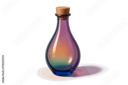 Vibrant iridescent glass potion bottle with a wooden cork stopper isolated on white background