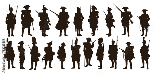 silhouettes of historical soldiers are shown holding various.