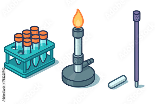 Essential chemistry laboratory tools set including test tubes, Bunsen burner, and stirring apparatus in isometric style