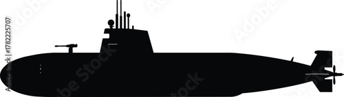 Submarine silhouette, naval vessel, military underwater ship, ocean transport, warship icon, periscope design, marine fleet, defense equipment, flat vector illustration