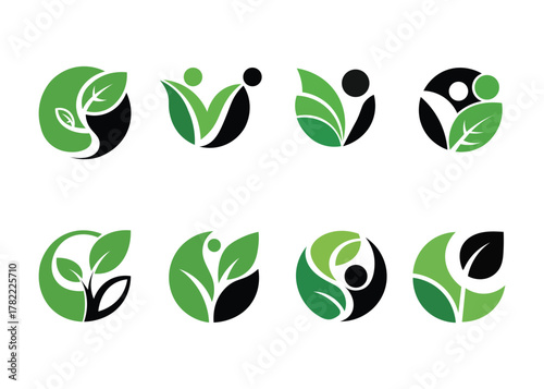 Collection of green leaf and human silhouette logos on