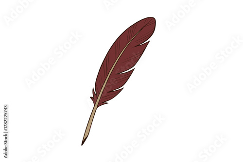 Stylized single maroon feather isolated on a white background for writing or decoration
