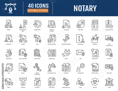 Notary line icon set. Includes affidavit,
acknowledgement, authentication, attestation,
seal, certificate, jurat and more. Vector
illustration with editable strokes