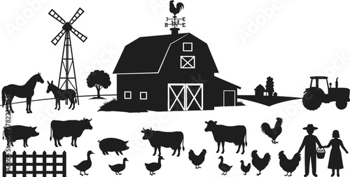 Traditional farm silhouette illustration, barn windmill tractor animals rustic countryside scene, rooster weather vane decor, black flat vector design collection