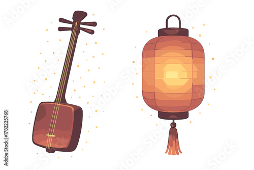 Traditional Japanese shamisen musical instrument and glowing paper lantern