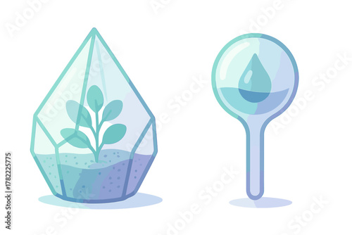 Modern geometric terrarium with growing plant and water conservation symbol