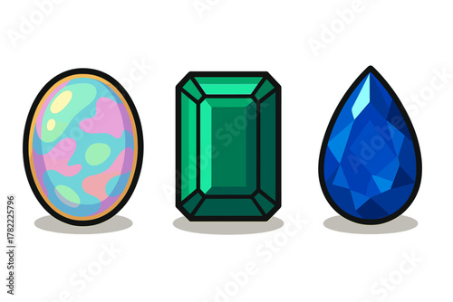 Three colorful fantasy gemstones: green emerald, blue sapphire, and swirling opal jewel