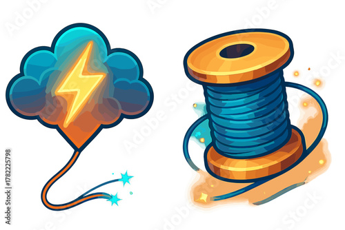 Stylized electrical power transmission symbols featuring lightning cloud and wire spool
