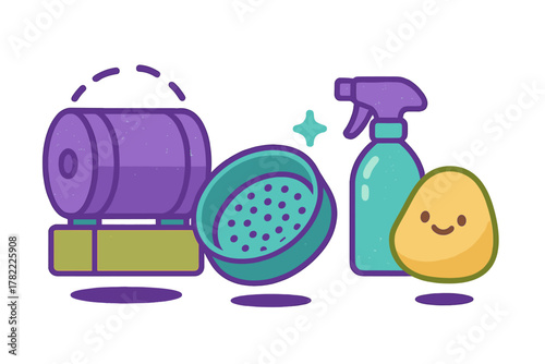 Brightly colored assortment of domestic cleaning supplies and equipment on white background