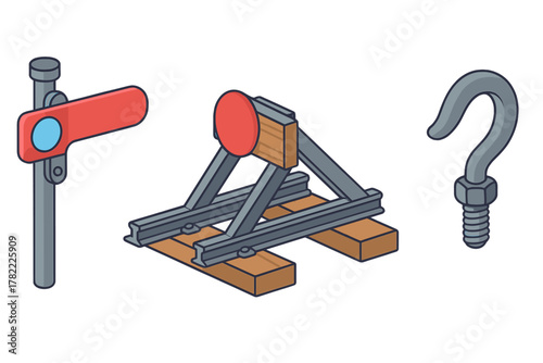 Railroad safety equipment collection: semaphore signal, track buffer stop, and heavy duty hook