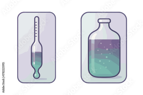 Stylized scientific laboratory equipment: graduated pipette and chemical reagent bottle